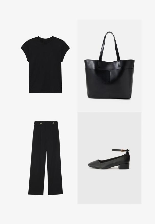 Čierne bavlnené tričko s okrúhlym výstrihom, krátkymi rukávmi a pohodlným strihom. Hladký povrch bez viditeľných vzorov alebo ozdôb.; Čierne široké nohavice s vysokým pásom, so zapínaním na gombíky na páse a prednými sklady.; Čierne kožené lodičky s špicatou špičkou a nízkym blokovým podpätkom. Obsahuje remienok okolo členka so zlatým prackou. Hladký povrch.; Čierna kožená tote taška s dvoma dlhými rúčkami, hladkým povrchom a štruktúrovaným tvarom. Obsahuje prednú kapsu pre dodatočné uskladnenie.