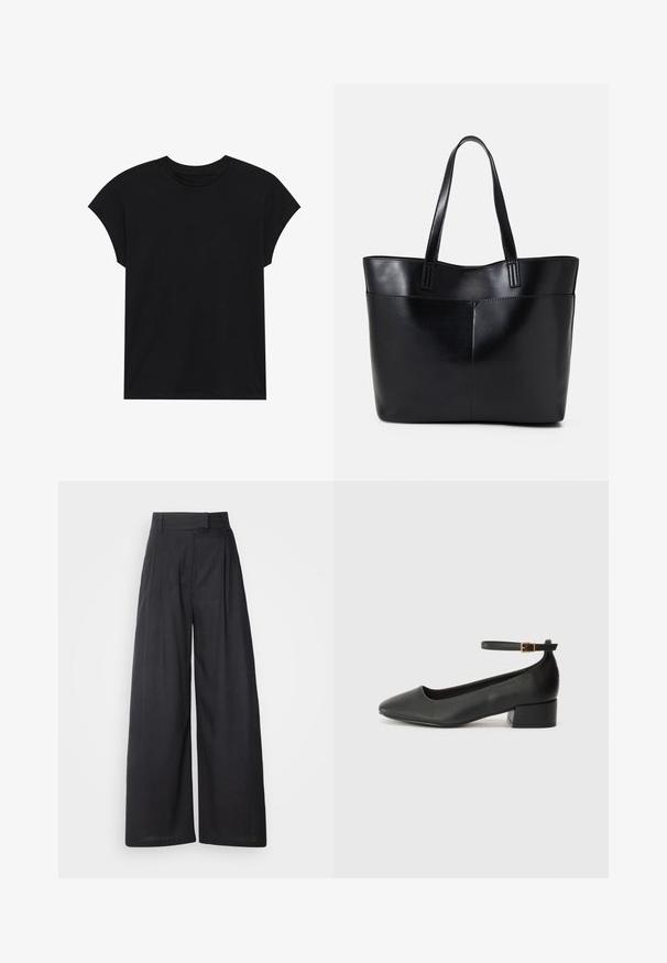 Sort bomulds T-shirt med rund halsudskæring, korte ærmer og en afslappet pasform. Glat tekstur uden synlige mønstre eller udsmykninger.; Mørke, vide bukser med en struktureret talje og læg. Fremstillet af letvægtsstof, der har en glat tekstur og ingen synlige mønstre.; Sorte læderpumper med spids tå og en lav blokhæl. Har en ankelrem med en guldfarvet spænde. Glat tekstur.; Sort læder tote taske med to lange håndtag, en glat tekstur og en struktureret form. Har en forlommem for ekstra opbevaring.