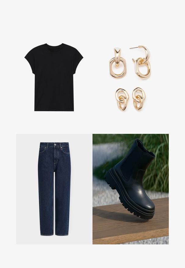 Must musta T-särk ümmarguse kaeluse, lühikeste varrukate ja laheda lõikega. Sile tekstuur, ei mingeid nähtavaid mustreid ega kaunistusi.; Tumesinised teksad sirge säärega, kõrge vöökohaga, hõbedaste riistvarade, esitaskute ja peente õmblusedetailidega. Klassikaline viie taskuga disain.; Mustad must jalanõud mustast nahast, paksu tallaga, elastsete külgpaneelidega ja siledaga viimistlusega. Tõstetud disain, millel on kontrastne tallamuster.; Kuldsete toonidega kõrvarõngad, millel on geomeetriliste kujundite segu: ruut, ring ja ühendatud ovaalsed kujundid, millel on poleeritud viimistlus.