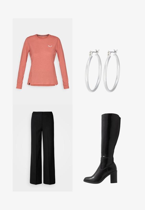 Dlhý rukáv, svetloružová košeľa vyrobená z jemnej látky, s okrúhlym výstrihom a malým bielym logom na hrudi. Postranné rozparky na leme.; Čierne široké nohavice z hladkej tkaniny, s vysokým pasom, zúženými švami a minimalistickým dizajnom. Žiadne viditeľné kovové prvky alebo vrecká.; Čierne lesklé čižmy s vysokým podpätkom s okrúhlou špičkou, hladkou textúrou, bočným výrezom a robustným zloženým podpätkom.; Strieborné kruhové náušnice s hladkým, lesklým povrchom. Kolový tvar a bezpečné klikanie na uzatváranie. Ľahký dizajn vhodný na každodenné nosenie.