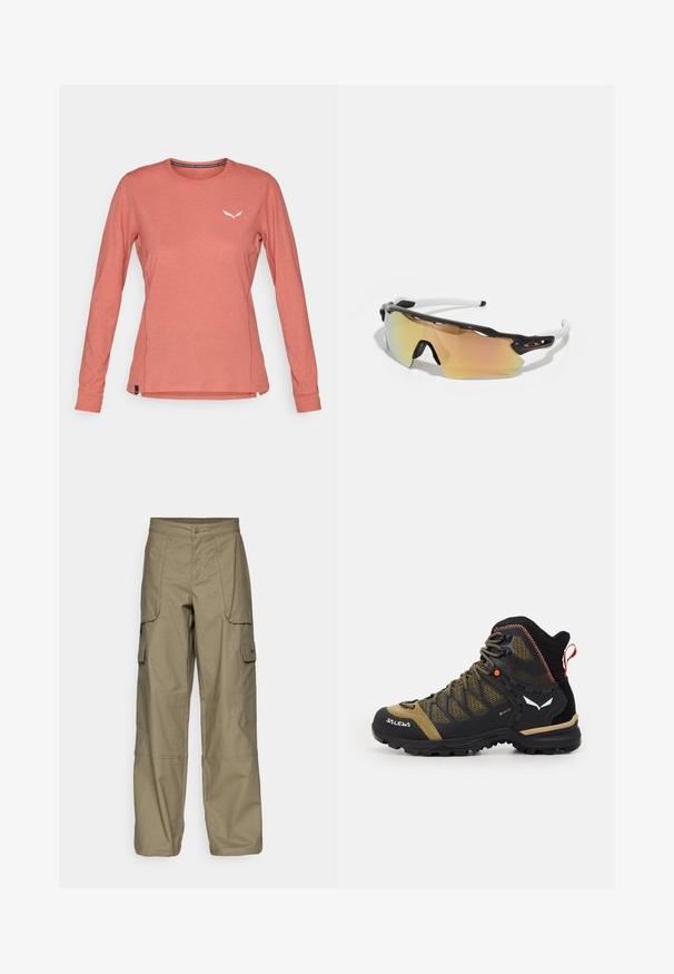 Hosszú ujjú, világos korall színű ing, puha anyagból, lekerekített nyakkivágással és egy kis fehér logóval a mellkason. Az alján oldalsó hasítékokkal.; Olajzöld szövetből készült cargo nadrág, laza szabással, több oldal zsebbel és gombos derékrésszel. Simaszt texture.; Középmagas túrabakancs fekete és olívazöld színben, hálós felsőrészével, gumi talpával és texturált részleteivel, hátul húzószalaggal.; Fekete-fehér kerettel készült napszemüveg, nagy, arany és rózsaszín árnyalatú tükörlencsékkel, aerodinamikus dizájnnal és kiterjesztett külső peremmel.