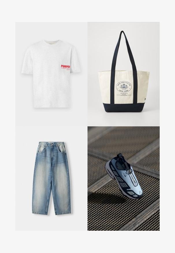 Grå bomullströja med korta ärmar och rund halsringning. Har röd text "POMPEII" och "Vi stödjer promenader (Madrid)" på vänster bröst.; Ljusblå denimjeans med en avslappnad passform, featuring en rak ben-design, framfickor och en knappstängning i midjan.; Nike-sneaker har en slip-on-design med ljusblå ovandel, svarta accenter och perforerade sidopaneler. Rund tå och texturerad sula.; Tygväska med marinblå handtag och botten. Har en cirkulär logotyp med "New Era Cap Co" och text. Beige kropp, stadigt utförande.