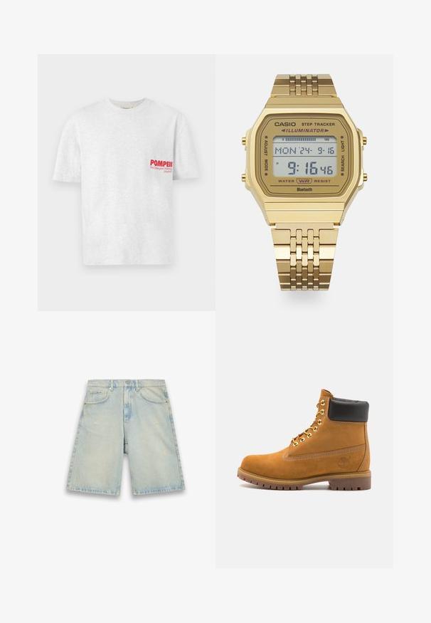 Šedé bavlněné tričko s krátkými rukávy a kulatým výstřihem. Na levém prsu je červený text "POMPEII" a "We Champion Walking (Madrid)".; Světle modré džínové šortky s volným střihem, pěti kapsami, jemně opotřebovaným vzhledem a viditelným šitím. Obsahují zapínání na knoflík a zip.; Hnědé semišové kotníkové boty s černým polstrovaným límcem, zlatými kovovými očky, bílým prošíváním a odolnou gumovou podrážkou s výraznými drážkami.; Zlaté digitální hodinky na zápěstí s obdélníkovým čelem, funkcí sledování kroků, voděodolností a kovovým náramkem. Zobrazuje čas a datum.