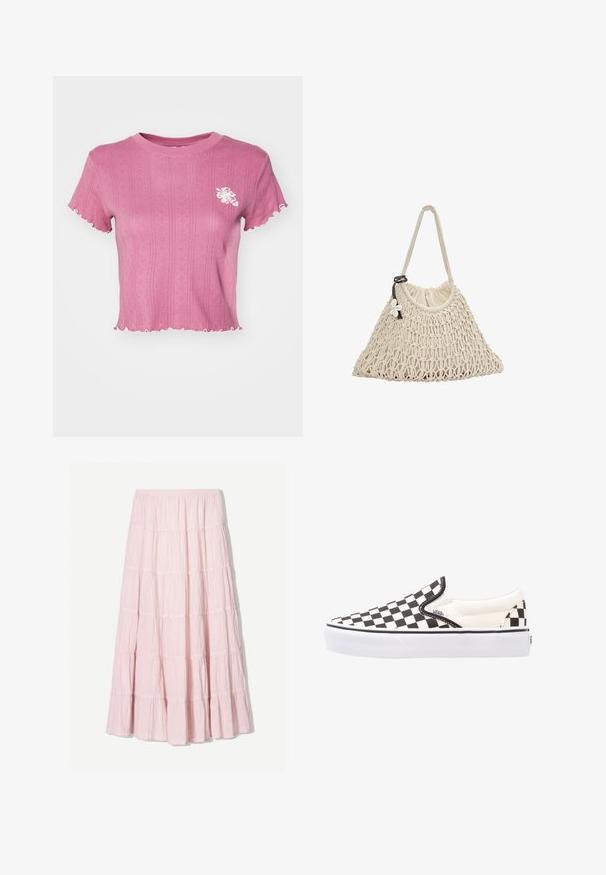 Rózsaszín, rövidített póló bordázott textúrával és hullámos széllel. A bal mellen fehér virágmintázat található. Könnyű anyag.; Világos rózsaszín, réteges maxi szoknya struktúrált, könnyű anyagból. Rugalmas derékrész és lebegő szegély fodros részletekkel.; Fekete-fehér kockás slip-on Vans cipők vászon felsőrésszel, gumitalppal és párnázott bokavéggel. Lapos, kerek orr és fehér talprész.; Krémszínű hálós kézitáska, puha szövet béléssel, egy fogantyúval, virágos díszítéssel és húzózsinóros záródással.