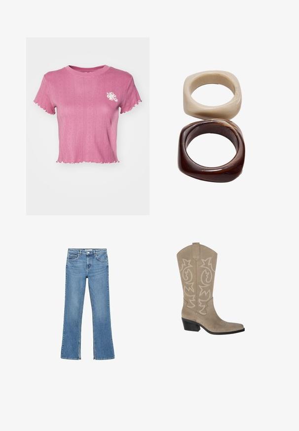 Rosa cropped t-shirt med ribbet tekstur og bølgende kanter. Har en hvid blomsterbroderi på venstre bryst. Letvægtsstof.; Lysblå denim flared jeans med en mid-rise talje, fem lommer og subtil fading. Benene udvider sig mod bunden. Ingen pynt.; PULL&BEAR Cowboy- / bikerstøvler - taupe; Stradivarius SET - Armbånd - dark brown
