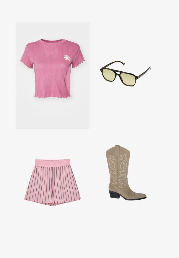 Vaaleanpunainen lyhythihainen t-paita, jossa on ribbitekstuuri ja halkoitetut reunat. Vasemmassa rinnassa valkoinen kukkakirjonta. Kevyt kangas.; Vaaleanpunaiset shortsit, joissa on pystysuorat tummansiniset raidat, joustava vyötärönauha ja sivutaskut. Valmistettu pehmeästä kankaasta, jossa on rento istuvuus.; PULL&BEAR Biker-/cowboysaappaat - taupe; Aurinkolasit kilpikonnakuosisella kehysrakenteella, joissa on suorakulmainen muoto, vihertävät linssit ja kuvioitu asetaattikehys. Kehyksissä on metalliset yksityiskohdat linssien lähellä.