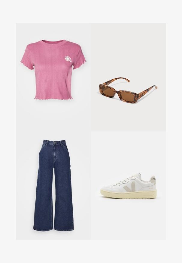 Roosa lühike T-särk ribakoe ja laineliste servadega. Omab valget lillelist tikandit vasakul rinnal. Kerge kangas.; Tumedast sinisest denimist laiad püksid, millel on kõrge vöökoht, ees olevad taskud ja metallnupuga tõmblukk. Sile tekstuur ja klassikaline disain.; Valge nahast tenniseking, millel on beežist siidist aktsent ja aukudega varvas, lame paelad ja tekstureeritud koorevärvi tallad. Omab nüansirikast brändimist kannal.; Kilpkonna kestaga prillid, millel on ristkülikukujulised pruuni värvi objektiivid, paks raam ja peened käed, millel on erinevate pruunide toonide muster.