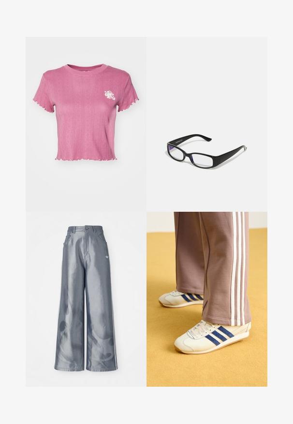 Pink cropped t-shirt with ribbed texture and scalloped edges. Features a white floral embroidery on the left chest. Lightweight fabric.; Wide-leg pants in shiny gray material, featuring white side stripes and a flame pattern on the lower legs. Button and zipper closure at the waist.; Cream sneakers with blue suede stripes, white laces, and a rubber sole. Paired with gray sweatpants featuring white side stripes.; Black rectangular glasses with clear lenses. Glossy finish, narrow arms, and purple tint visible at the edges of the lenses.