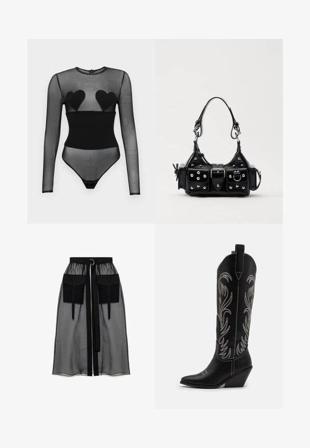 Undress Code BED OF ROSES BODYSUIT - Tops ar garām piedurknēm - black; Melnā caurspīdīgā svārka ar salikto jostasvietu, kas ietver divas lielas priekšējās kabatas, jostas saitīti un apaļu metāla akcentu.; Melnas ādas kovboju zābakus ar norādītām pirkstiem, sānām paceltu papēdi un sudraba izšūtām ziedu rakstiem gar zābaka kāju. Kontrasta dūrieni visā zābakā.; Melnas ādas rokturmais ar izliekumu, ar sudraba iedurtiem, sprādzi un divām sānu kabatām. Regulējams siksniņas garums dažādām nēsāšanas iespējām.