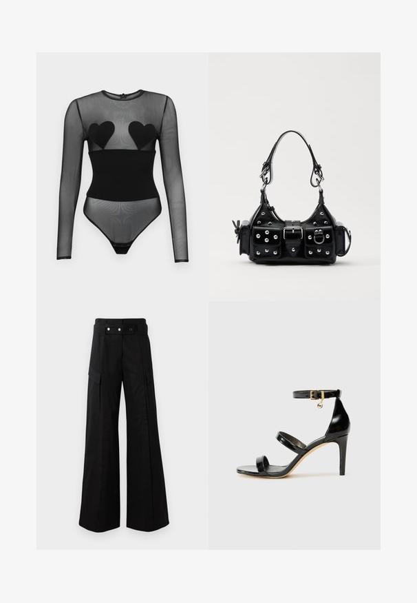 Undress Code BED OF ROSES BODYSUIT - Hosszú ujjú felső - black; Fekete, bő szárú nadrág magas derékkal, nagyméretű oldalsó zsebekkel, két elülső gombbal és hurok részlettel. Tartós anyagból készült.; Fekete lakk bőr szandál három pánttal, bokapánttal és 10 cm magasságú tűsarokkal. Arany színű részletekkel és logó charm-mal rendelkezik.; Fekete bőr kézitáska ívelt designnal, ezüst szegecsekkel, csattal és két oldalsó zsebbel. Állítható vállpánt a hordozási lehetőségekhez.