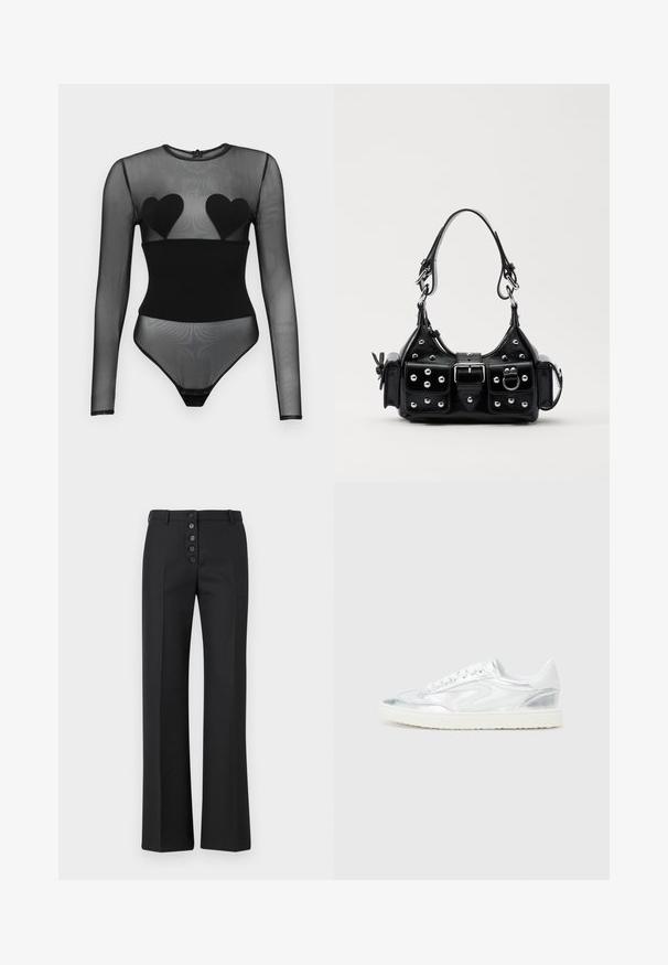 Undress Code BED OF ROSES BODYSUIT - Long sleeved top - black; The Kooples PANTALON - Trousers - black; White sneakers with metallic silver accents, smooth texture, round toe, flat sole, and traditional lace-up design.; Black leather handbag with a curved design, featuring silver studs, a buckle, and two side pockets. Adjustable strap for carrying options.