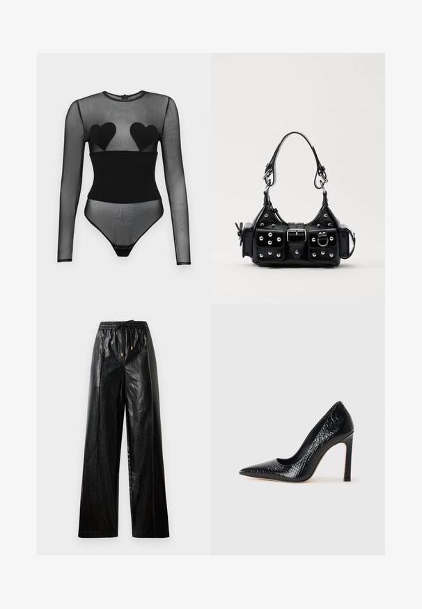 Undress Code BED OF ROSES BODYSUIT - Bluză cu mânecă lungă - black; Pantaloni largi din piele neagră, cu talie elastică, șnur și accente de hardware aurie. Textură netedă și croială lejeră.; Pantofii cu toc înalt, ascuțiți, de culoare neagră, cu textură de piele de crocodil, având un design elegant, toc în stil stiletto și interior neted de culoare neagră.; Geantă de piele neagră cu un design curbat, dotată cu studuri argintii, o cataramă și două buzunare laterale. Curea ajustabilă pentru opțiuni de transport.