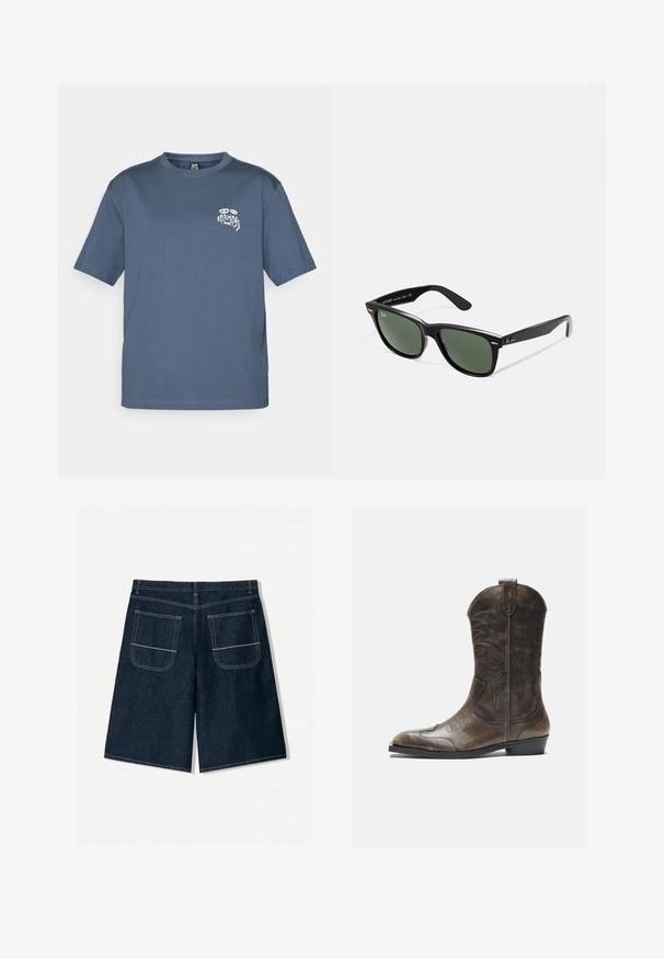 Blaues Rundhalsausschnitt T-Shirt mit kurzen Ärmeln und kleinem weißen Grafiklogo auf der linken Brustseite.; Dunkelblaue Jeansshorts mit lockerer Passform, ausgestattet mit zwei Gesäßtaschen mit kontrastierenden Nähten. Gerader Schnitt und knielange Gestaltung.; Braune Leder-Cowboystiefel mit hohem Schaft, spitzem Zehenbereich, aufwendigen Stickmustern und kleinem Absatz. Strukturierte Oberflächenbeschaffenheit.; Schwarze Plastiksonnenbrille mit grünen Gläsern, quadratischen Rahmen, silbernem Akzent auf der Augenbraue und strukturierten Bügeln. Angegebene Marke auf dem inneren Bügel.