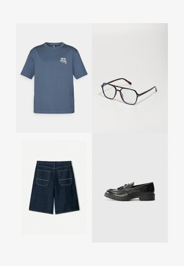 Blue crewneck T-shirt with short sleeves and small white graphic logo on left chest area.; Dark blue denim shorts with a loose fit, featuring two back pockets with contrasting stitching. Straight cut and knee-length design.; Black leather loafers with a rounded toe, prominent stitching, and a textured rubber sole. Features decorative hardware on the vamp.; Tortoiseshell-patterned sunglasses with a quadrilateral shape, featuring transparent lenses and thin metal accents on the frame.