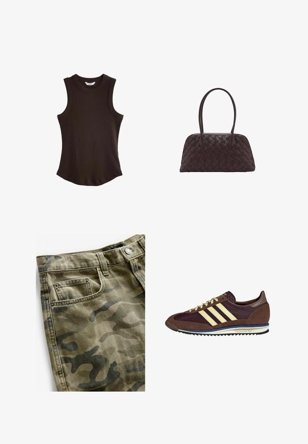 Top fără mâneci, de culoare maro, cu o croială cu coastă și guler rotund. Are un tiv curbat pentru o siluetă ajustată, realizat dintr-un material elastic.; Next Pantaloni scurți din denim - camo print; Sneaker maro și burgund cu materiale din suede și plasă, având trei dungi crem, țesătură texturată pe limbă și o talpă din cauciuc.; Geantă din piele maro țesută, cu formă rotunjită, mânere superioare duble și textură netedă; include cusături subtile pentru detalii de design.