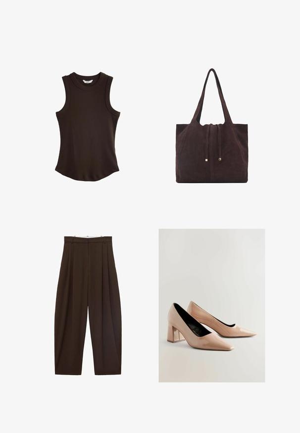 Top fără mâneci, de culoare maro, cu o croială cu coastă și guler rotund. Are un tiv curbat pentru o siluetă ajustată, realizat dintr-un material elastic.; Pantaloni maronii cu talie înaltă, cu pliuri, confecționați dintr-un material neted. Croi lejer, model cu picior drept, având bucle pentru curea și închidere cu fermoar.; Pantofi cu toc bloc din piele patent nud, cu vârful ascuțit și un finisaj lucios. Prezentând o textură netedă și un toc pătrat de înălțime medie.; Mango Geantă de pânză - dark brown