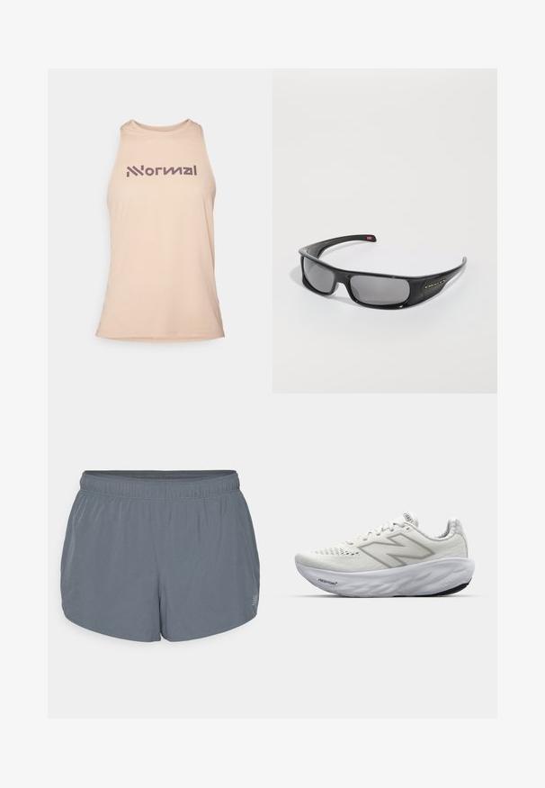 Beżowy bezrękawnik z teksturowanej tkaniny, z napisem "Normal" w wyrazistym fioletowym kolorze na wysokości klatki piersiowej.; Szare szorty sportowe o miękkiej fakturze, z elastycznym pasem i lekko zaokrąglonym dołem. Zawierają małe perforacje dla lepszej wentylacji.; Białe buty sportowe z siateczkową cholewką, z wyściełanym kołnierzem, teksturowaną podeszwą i brandingiem "Fresh Foam" na śródpodeszwie.; Czarne okulary przeciwsłoneczne Oakley z zakrzywionymi ramionami i ciemnymi prostokątnymi soczewkami na białym tle.