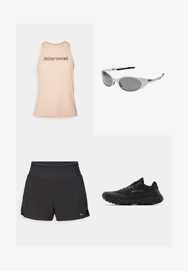 Beige ilmaõlaga särk tekstuuriga kangast, mille rinnal on sõna "Normal" julge lilla fontiga.; Mustad mustad lühikesed püksid, millel on lamedat tüüpi vöökoht, lühike pikkus ja küljetaskud. Kangas näeb välja hingav ja sileda tekstuuriga.; Mustad mustreeritud pehmendusega mustad spordijalatsid, tugevdatud kand, kõver tallakujundus ja agressiivne talla muster haakumise tagamiseks. Silmatorkav laineline disain detail.; Valged plastikust prillid suurte ovaalsete objektiividega, halli toonistusega. Omavad musti kõrvaankreid ja väikest logot raamil. Sujuv viimistlus.