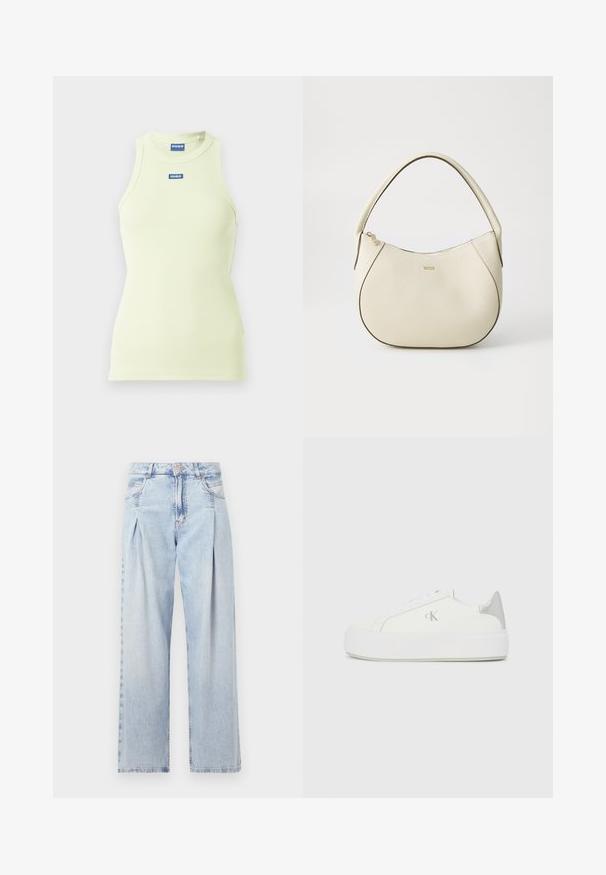 Svetlo žltý rebrovaný top bez rukávov s úzkym strihom, s okrúhlym výstrihom a malým modrým logom umiestneným v strede.; Svetlomodré džínsy s vysokým pásom, širším strihom po celej dĺžke, dvoma bočnými vreckami a skladaným dizajnom. Mäkka textúra s vyblednutým vzhľadom.; Biele plátené tenisky s hrubou bielou podrážkou, so strieborným kovovým akcentom na päte a jemným logom na boku.; Krémová kabelka s textúrovaným povrchom, zakriveným tvarom, krátkym uchom a detailom loga v zlatom tóne. Zapínanie na zips na vrchu.