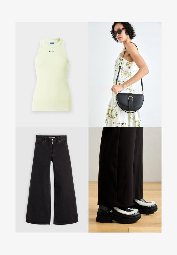 Lys gul ribbet tank topp med slim fit, med rund halslinning og et lite blåt merke i midten. Uten ermer.; Vide benbukser i sort denim med glidelås i front, fem-lomme design og subtile sømdetaljer. Glatt tekstur og avslappet stil.; Sorte platå-sko har en hvit, pelskant, rund tå og stropp med en metallknapp. Brukt med svarte bukser på et tregulv.; Svart lærveske med en buet form, avtagbar stropp og gullbeslag. Vesken har et klaff med spenne-detall.