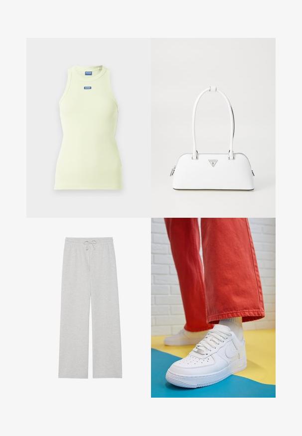 Kerge kollane sooniktop, millel on läikiv lõige, ümmargune kaelus ja keskosas väike sinine logo silt. Ilma varrukateta.; Heledad hallhalli pehmes puuvillaseguses, millel on lai jalgade disain, elastne vöökoht reguleeritava nööriga ja ilma taskuteta.; Valge nahast tennis, millel on perforeeritud varvas, tekstureeritud tallad ja valged shoelaces, kombineeritud laia punase pükste ja sinise ning kollase taustaga.; Valge nahast käekott, millel on kumer kuju, hõbedane kolmnurkne logo ja lukk. Sile tekstuur ja kaks sangat.