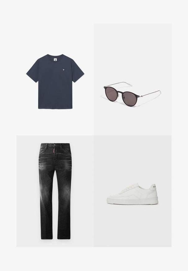 T-shirt bleu marine en coton avec un col rond, des manches courtes et un petit logo brodé sur la poitrine gauche. Texture de tissu lisse.; Jean en denim noir avec une coupe droite. Présente des zones décolorées, un léger effet usé, un design classique à cinq poches et une fermeture à bouton.; Baskets en cuir blanc avec une finition lisse, bout arrondi, lacets plats et semelle texturée. Présente un logo discret sur le talon.; Lunettes de soleil noires rondes avec verres sombres et branches en métal fines. Comprend des embouts transparents et des accents argentés au niveau de la charnière. Design minimaliste.