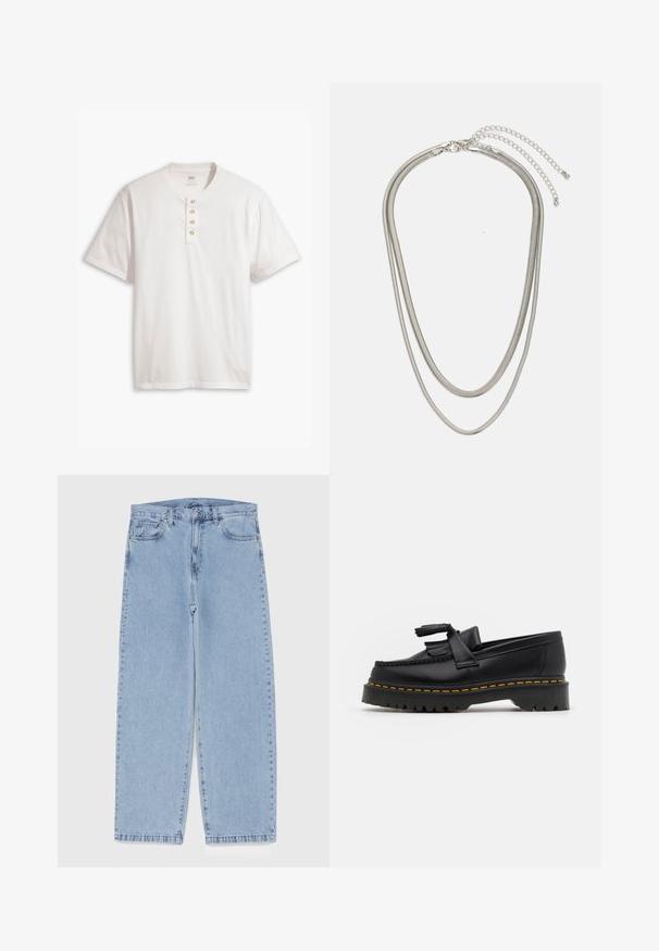 Levi's® BUTTON HENLEY - Basic T-shirt - cloud dancer; Light blue denim jeans with straight leg design, featuring a mid-rise waist, five pockets, and a button and zipper closure.; Black leather loafer with a tasseled accent, featuring a chunky black sole and yellow stitching along the edge. Textured finish.; Three-layered silver metal necklace featuring sleek, flexible chains with a slight sheen, secured with a lobster clasp and adjustable chain.