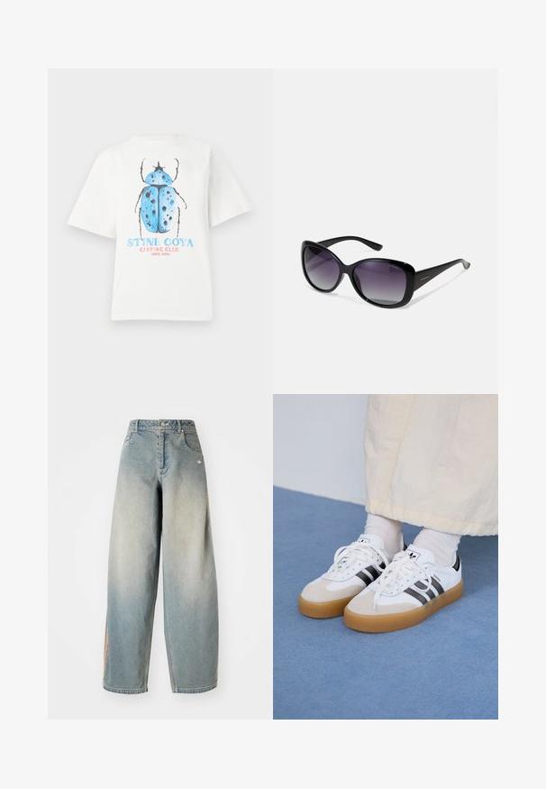 White cotton t-shirt with short sleeves featuring a blue beetle graphic and text reading "STINE GOYA CAMPING CLUB SINCE 2006."; Light blue denim wide-leg jeans with a faded finish. Features front pockets, a button closure, and a subtle logo on the waistband.; White sneakers with black stripes and beige suede accents. Feature a textured gum sole and flat white laces, worn with light-colored socks.; Polaroid Sunglasses - black