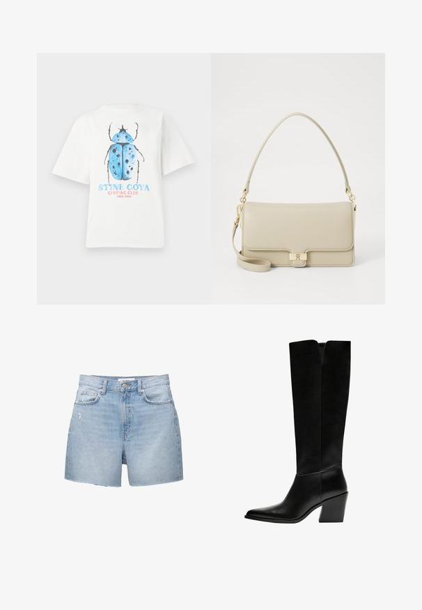 Valkoinen puuvillapaita lyhyillä hihoilla, jossa on sininen kovakuoriaisgraafikka ja teksti "STINE GOYA CAMPING CLUB SINCE 2006."; Vaaleansiniset denim-shortsit, joissa on repaleiset lahkeet, viisi taskua ja nappisuljenta. Kankaan väri on haalistunut ja siinä on lievää kulutusta.; Mustat polvimittaiset saappaat, jotka on valmistettu sileästä nahasta. Saappaissa on terävä kärki, tukevat korko ja V-muotoinen leikkaus ylhäällä.; Beige nahkalaukku, jossa on jämäkkä muoto, kultaiset metalliosat ja irrotettava olkahihna. Sileä pinta ja minimalistinen muotoilu.