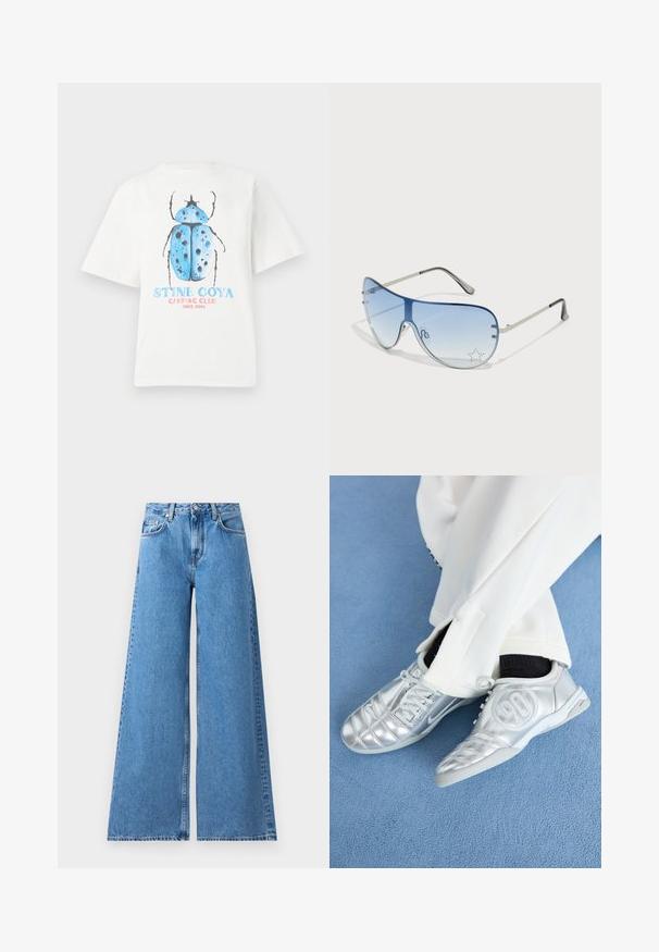 Biała bawełniana koszulka z krótkim rękawem z niebieskim wzorem żuka oraz napisem "STINE GOYA CAMPING CLUB OD 2006 R."; Szerokie jeansy z niebieskiego denimu z wysokim stanem, z klasycznym pięciopocketowym wzorem i szwami po bokach dla dodatkowego efektu.; Srebrne buty sportowe o gładkim, błyszczącym wykończeniu, z wyszywanym wzorem i numerem 90 po boku, zestawione z białymi spodniami.; Okulary przeciwsłoneczne typu aviator z gradientowymi niebieskimi szkłami, srebrną metalową oprawą oraz dekoracyjnymi akcentami w kształcie gwiazdek na soczewkach. Gładki i elegancki design.
