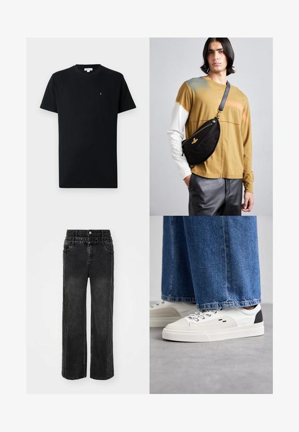 Zwarte T-shirt met korte mouwen van katoen, met een ronde halslijn en een klein, rond logo op de borst. Leverancier een gladde textuur.; Wijde zwarte denim jeans met een vervaagde afwerking, voorzien van een knoopsluiting, vijf zakken en contrasterende stiksels langs de zijkanten.; Witte en zwarte sneakers met een glad leren bovenwerk, textuuraccenten en een chunky witte zool. Heeft een klassiek vetersluiting ontwerp.; Vivienne Westwood CITY BUMBAG UNISEX - Heuptas - black; AGNELLE RICK - Handschoenen - tmoka