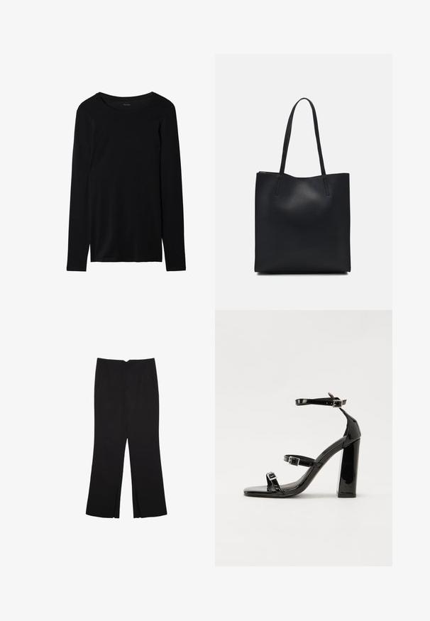 Black long-sleeve t-shirt made from soft fabric with a round neckline and a smooth texture. Features a simple, minimalist design.; Black trousers with a straight fit, featuring front pockets and side slits at the hem. Made of soft, smooth fabric. Suitable for various occasions.; Black patent heeled sandals with a square toe, ankle straps, and silver buckles. Features a chunky block heel for stability.; Black leather tote bag with smooth texture, rectangular shape, and two long handles. No visible hardware or embellishments.
