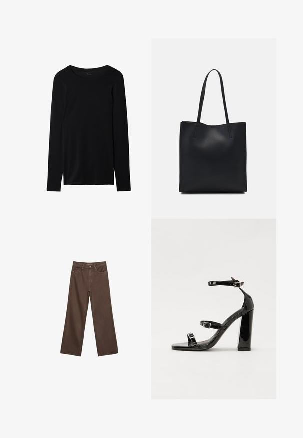 Zwarte langemouw t-shirt gemaakt van zachte stof met een ronde halslijn en een gladde textuur. Beschikt over een eenvoudig, minimalistisch ontwerp.; Brede bruine spijkerbroek van denim, met een hoge taille, voorzakken en een klassieke knoopsluiting. Soepele textuur met subtiele stiksels.; Zwarte gepatenteerde sandalen met hak en een vierkante neus, enkelbandjes en zilveren gespen. Heeft een stevige blokhak voor stabiliteit.; Zwarte leren handtas met een gladde textuur, rechthoekige vorm en twee lange handvaten. Geen zichtbare hardware of versieringen.