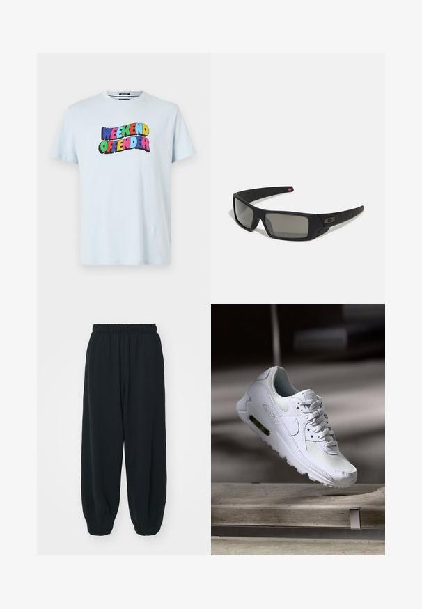 Šviesiai mėlynas medvilninis marškinėliai su daugiakomponentė „WEEKEND OFFENDER“ grafika, spausdinta per krūtinę ryškiomis, žaismingomis raidėmis.; Juodi, su elastiniu juosmeniu sportiniai kelnės su laisvu siluetu, suapvalintais kulkšnimis, lygia tekstūra ir be matomų raštų ar metalinių akcentų.; Baltos Nike Air Max 90 sportbačiai su.comi ir odos viršumi, perforuota pirštų dėžute ir matomu oro pagalvėle kulne.; Juodi akiniai saulės su matinio paviršiaus užbaigimu, stačiakampiai lęšiai, švelnus lenkimas ant šventyklų, subtilus logotipo detalizavimas ir dūminiai lęšiai.
