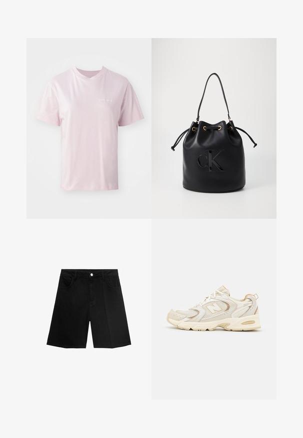 Lyserød bomulds t-shirt med rund hals, korte ærmer og et diskret logo trykt i hvidt på venstre brystområde.; Sorte denim shorts med lige snit, fem lommer og sølvfarvet knaplukning. Glat tekstur med minimal syning.; Beige atletik sko med mesh og syntetiske overlejringer, med en tekstureret overflade, polstret krave og "ABZORB" dæmpning ved hælen.; Sort læder bucket bag med snørelukning, der har et glosseret "CK" logo foran og hardware accenter i guld-tone.