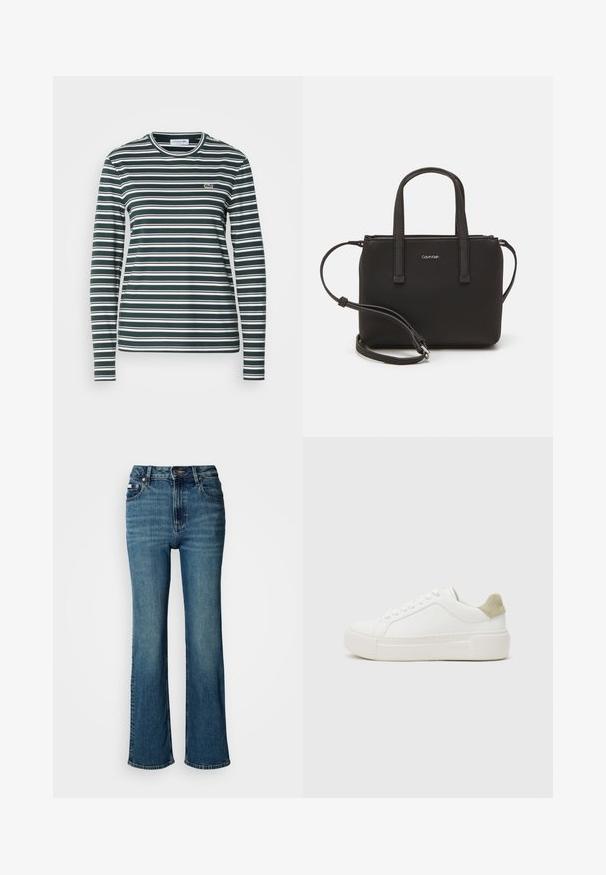 Langärmliges T-Shirt mit Rundhalsausschnitt in dunkelgrünen und weißen horizontalen Streifen. Verfügt über ein kleines gesticktes Logo auf der Brust. Weicher Stoff.; Hochtaillierte blaue Jeans aus Denim mit geradem Bein, dezentem Verblassen und einem standardmäßigen Knopf- und Reißverschluss.; Weißer Sneaker mit einem Obermaterial aus glattem Leder, hellgrauem Wildlederbesatz an der Ferse und einer klobigen weißen Gummisohle. Mit Schnürdesign.; Schwarze Handtasche mit zwei kurzen, doppelt geflochtenen Griffen und einem abnehmbaren Schulterriemen. Glattes, lederähnliches Material mit einem Reißverschluss und Logodetail.