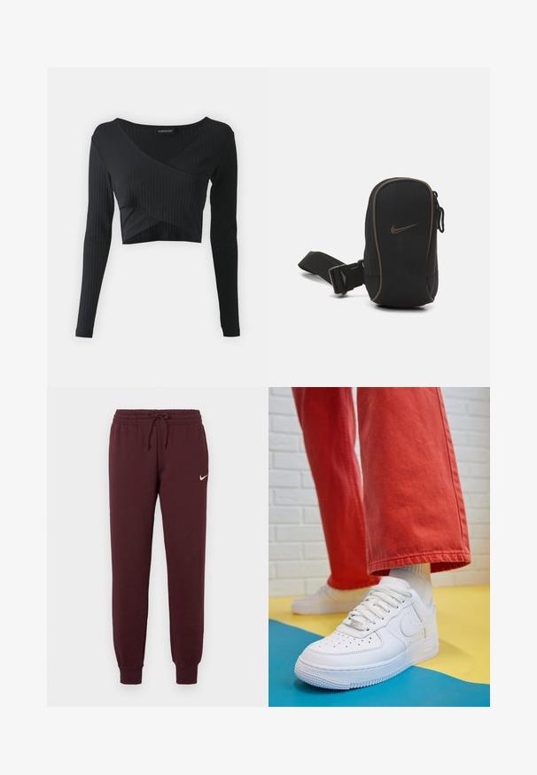 Even&Odd Longsleeve - black; Bordeauxkleurige trainingsbroek met elastische taille en koord. Heeft ribgebreide boorden en een klein wit Nike-logo op de linkerdij. Soepele textuur.; Witte leren sneaker met geperforeerde teenbox, gestructureerde zool en witte veters, gecombineerd met wijde rode broeken en een blauw-geel achtergrond.; Zwarte Nike pouch met ritssluiting, gestructureerde stof, bruine accenten en een afneembare schouderband. Voorzien van een opvallend Nike-logo aan de voorkant.