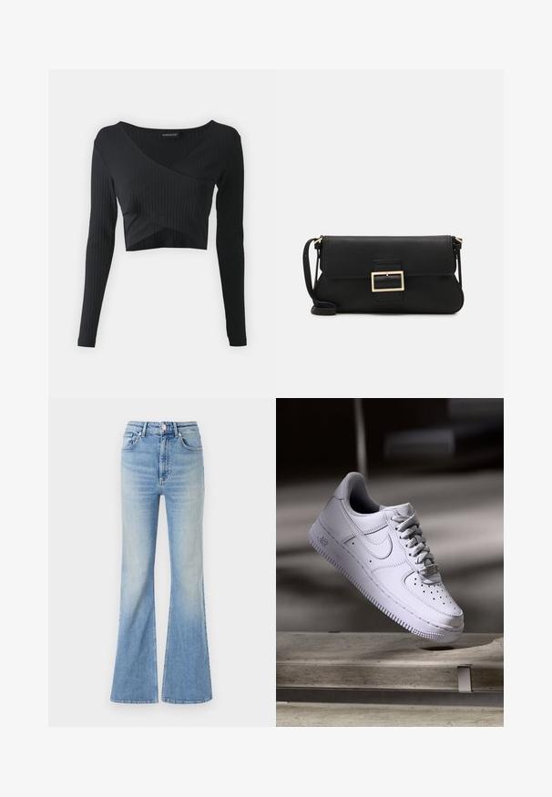Even&Odd Pikkade varrukatega topp - black; Heledad sinine flared teksapüksid, millel on kõrge vöökoht, viie tasku disain ja peen gradiseeruv hägusus alates hemist.; Valge Nike Air Force 1 toss, mis hõljub betoonpinna kohal, varjud minimalistlikus keskkonnas.; Must haben musta nahkklahviga kott, millel on klapp ja kuldne metallist pandla detail. Kaasas must rihm ja stiilne, minimalistlik disain.; Kuldne rõngassõrmused sileda ja läikiva viimistlusega. Ringikujuline disain, millel on väike post ja selge tagumine külg, et tagada kindel kandmine.