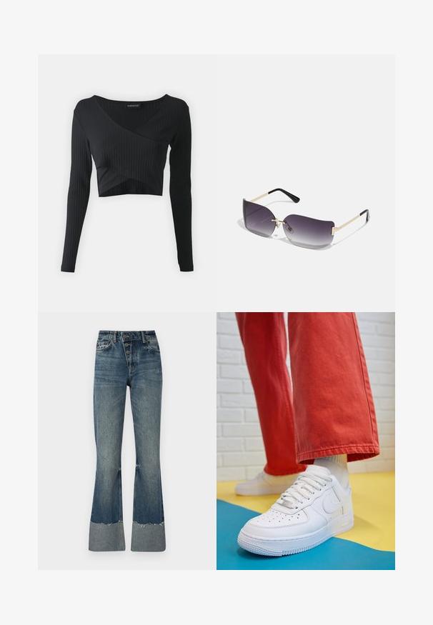 Even&Odd Longsleeve - black; Denim flared jeans in medium blauw met een hoge taille, vijf knopen en een geschuurd zoom. Beschikt over een lichtere boorden aan de onderkant en een vervaagde textuur.; Witte leren sneaker met geperforeerde teenbox, gestructureerde zool en witte veters, gecombineerd met wijde rode broeken en een blauw-geel achtergrond.; Zonnebril met grijze gradientlenzen, gouden metalen montuur en zwarte plastic accenten. Unieke vlinder-vormige lenzen met dunne pootjes.; Gouden creolen met een gladde, glanzende afwerking. Circulaire vormgeving met een kleine post en een doorzichtige achterkant voor een veilige draagervaring.