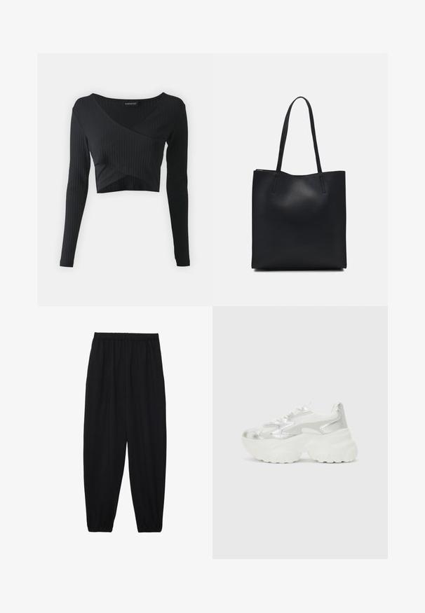 Even&Odd Langærmet T-shirt - black; Sort, lette bukser med elastisk talje og sammenfoldede ankler. Stoffet er glat og har et afslappet, indsnævret design.; Sølv sneakers med en struktureret mesh-overdel og iriserende detaljer, der har en kraftig hvid sål og snørebåndslukning.; Sort læder tote taske med glat tekstur, rektangulær form og to lange hanke. Ingen synlig hardware eller udsmykninger.