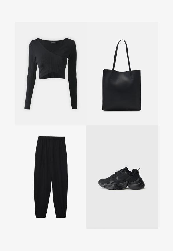 Even&Odd Ilgarankovis viršutinės dalies drabužis - black; Juodi, lengvi kelnių su elastinga juosmens juosta ir surinktais kulkšniais. Audinys yra lygus ir turi atsipalaidavusį, siaurėjantį dizainą.; Juodi sportbačiai, pagaminti iš lygios ir tekstūruotos medžiagos, su storomis padangomis, apvalia forma ir dekoratyvine siūle. Yra minkštas, pūkuotas kraštas.; Juodas odinis tote krepšys su lygia tekstūra, stačiakampio formos ir dviem ilgais rankenomis. Matomų metalinių detalių ar puošybos nėra.