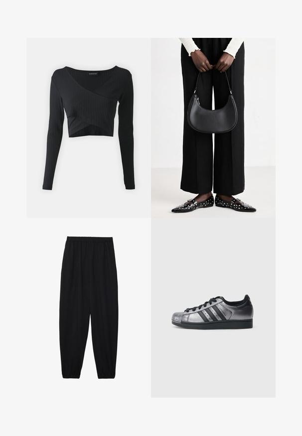 Even&Odd Bluzka z długim rękawem; Czarne, lekkie spodnie z elastycznym pasem i ściągaczami na kostkach. Materiał jest gładki i ma luźny, zwężany krój.; Czarne i metaliczno-srebrne buty sportowe z zaokrąglonym noskiem, trzema czarnymi paskami i teksturowaną cholewką. Czarne sznurówki i gumowa podeszwa.; Czarna skórzana torba na ramię o zaokrąglonym kształcie, z połyskującym wykończeniem i srebrnymi akcentami. Osoba w czarnych spodniac wyszczuplających i znaczonymi loafersami.