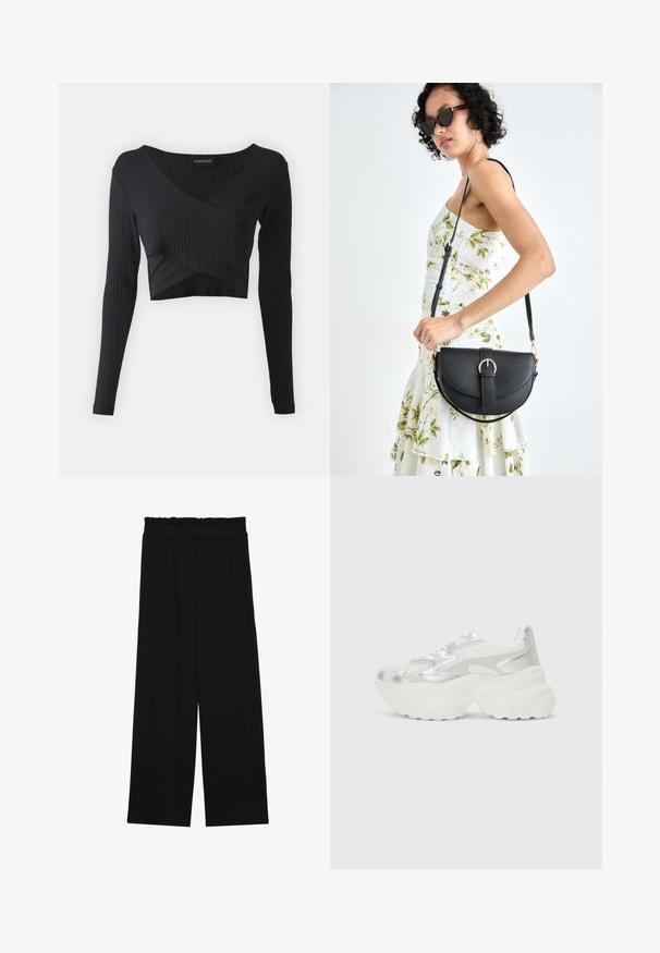 Even&Odd Camisola de manga comprida - black; Calças largas pretas com um cinto franzido, apresentando dois bolsos laterais e um tecido suave e leve. Sem padrões ou ferragens visíveis.; Sapatilha prateada com um cabedal em malha texturizada e detalhes iridescentes, apresentando uma sola branca robusta e fecho de atacador.; Bolsa de couro preta com forma curva, alça destacável e detalhes em dourado. A bolsa possui uma aba com detalhe de fivela.