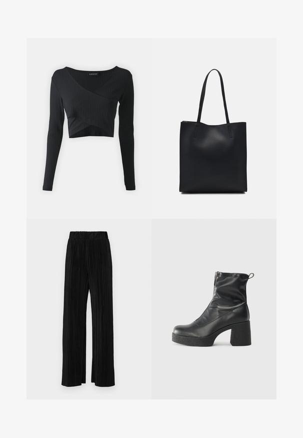 Even&Odd Top s dlhým rukávom - black; Čierne plisované nohavice s elastickým pásom. Majú široké nohavice a hladkú, textúrovanú látku s vertikálnymi pruhmi.; Čierne členkové topánky z hladkej kože, so bočným zipsom, robustnou textúrovanou pätnou časťou a zaobleným dizajnom špičky.; Čierna kožená taška na rameno s hladkým povrchom, obdĺžnikovým tvarom a dvoma dlhými uchami. Bez viditeľného kovania alebo ozdôb.