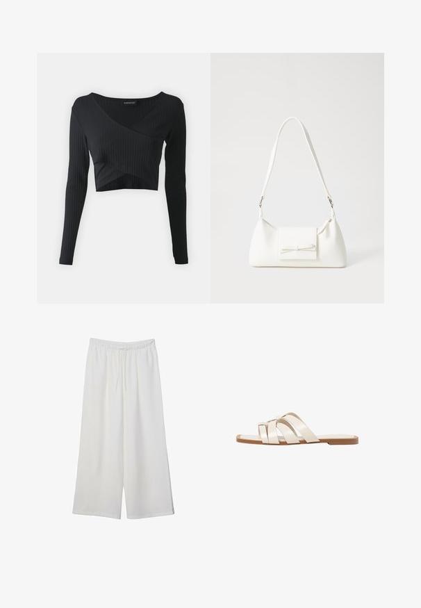 Even&Odd Langarmshirt - black; Weiße, weit geschnittene Hosen aus leichtem Stoff, mit einem elastischen Bund und einem Zugband für eine verstellbare Passform. Glatte Textur.; Flache Sandalen mit einer honigfarbenen Gummisohle, gestaltet mit drei überlappenden weißen Lederriemen und einem kleinen Schleifendetail in der Mitte.; Weiße synthetische Handtasche in dreieckiger Form, flache Vorderklappe und Schleifendetail, verstellbarer Trageriemen, glatte Textur und minimalistisches Design.