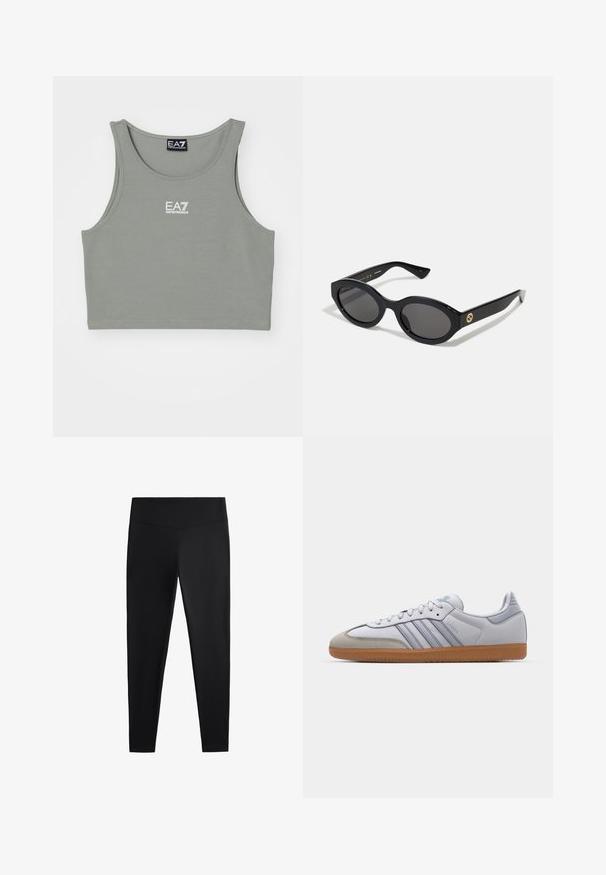 Suknja bez rukava u svijetlo sivoj boji, napravljena od mekog materijala. Ima okrugli izrez i mali bijeli logo sprijeda.; Crne tajice izrađene od glatkog, rastezljivog materijala. Imaju široki pojas i suženi kroj nogavica, pogodne za aktivno ili ležerno nošenje.; Bijele kožne tenisice s svijetloplavim detaljima, sivim nubuk vrhom i smešnim gumiranim đonom. Imaju tri plava pruga i "Samba" oznaku.; Crne ovalne sunčane naočale s tamnim staklima i sjajnim plastičnim okvirom. Sadrže zlatni logotip na sljepoočnici, što pruža elegantan i moderni dizajn.; Crna lakirana kožna torba s zakrivljenim oblikom, jednim ručkom i zaobljenim dnom. Ima suptilni logo detalj na prednjoj strani.