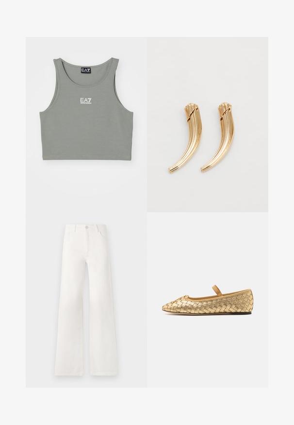 Bezrukávový krátky top vo svetlo šedej farbe, vyrobený z mäkkého materiálu. Má okrúhly výstrih a malé biele logo na prednej strane.; Biele, vysoko pásové široké nohavice vyrobené z denimu. Obsahujú gombíkovú zatváranie, dve predné vrecká a bočné švy s detailmi šitia.; Loeffler Randall LEONIE SOFT BALLET FLAT - Balerínky s remienkom okolo členku - gold; Zlaté kovové sponky do vlasov s zakriveným, rýhovaným dizajnom. Hladký povrch s lesklou úpravou a zaoblenými špičkami. Zobrazené sú dve kusy.