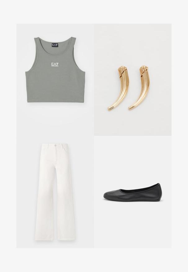 Gaišpelēkā bezpiedurkņu īsā blūze, izgatavota no mīksta auduma. Tam ir apaļa kakla izgriezuma forma un neliels balts logo priekšpusē.; Baltas, augsto jostasvietu platās kājas džinsi, izgatavoti no denima. Iekļauj pogu aizdari, divas priekšējās kabatas un sānu šuves ar šuvju detaļām.; Melna ādas baleta kurpe ar noapaļotu purngalu, gludu tekstūru, minimālu šuvju detalizāciju un elastīgu zoles dizainu.; Zelta toņa metāla matu spraužņi ar izliekumu un rievotu dizainu. Gluda tekstūra ar izpolētu apdari un noapaļotiem galiem. Parādītās divas daļas.