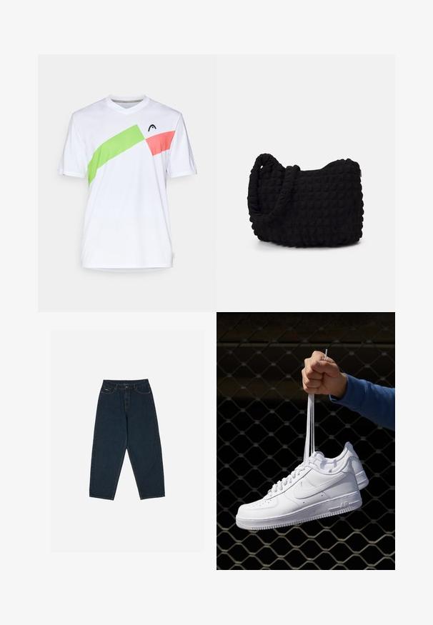 Maglietta sportiva bianca con scollatura a V, con accenti diagonali in verde e rosa. Realizzata in tessuto leggero e traspirante.; Jeans a vita alta blu scuro con una vestibilità rilassata, dotati di cinque tasche e chiusura con bottone. Realizzati in denim con una texture liscia.; Sneakers in pelle bianca con perforazioni, punta rotonda, suola piatta e lacci spessi, con logo swoosh visibile e "AIR" sul tallone.; Borsa in tessuto nero con un motivo trapuntato e texture. Forma arrotondata, manici corti e spessi, e una struttura morbida e flessibile.