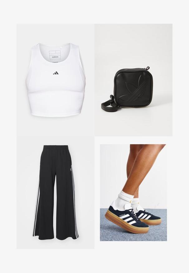 Bílý sportovní crop top vyrobený z lehkého a prodyšného materiálu. Obsahuje síťové boční panely a černé vyšívané logo na hrudi.; Černé pohodlné tepláky širokého střihu s elastickým pasem, na boční straně s bílými pruhy a vyšitým logem na levé stehně.; Černé semišové tenisky s bílými pruhy a detaily, zaoblenou špičkou, podrážkou z gumy barvy žvýkačky, doplněné bílými žebrovanými ponožkami ke kotníkům.; Černá crossbody taška vyrobená z texturovaného syntetického materiálu. Obsahuje embosované logo a nastavitelné popruhy. Zapínání na zip.